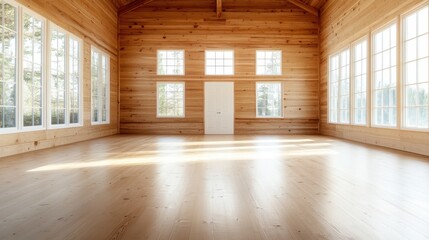 Poster - A spacious wooden hall illuminated by natural light filtering through large windows, creating a warm inviting atmosphere that resonates with rustic charm and open space aesthetics.