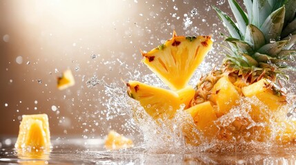 Poster - The image captures the essence of freshness, with juicy pineapple pieces splashing into water, creating a vibrant and lively scene that celebrates fruit and rejuvenation.