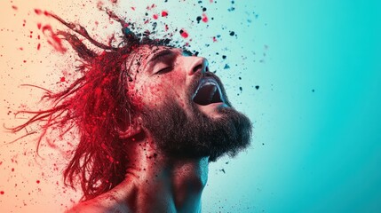 Poster - A striking portrait capturing raw emotion through an explosion of color and texture, representing a powerful interplay of creativity and human experience in artistic form.