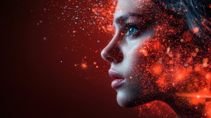 Poster - A woman’s profile is depicted amidst a stunning burst of vibrant colors and sparkling particles, symbolizing creativity, energy, and transformative emotions.