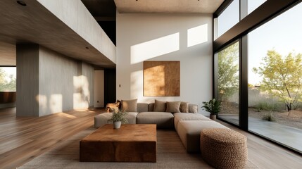 Poster - A bright and minimalist living room featuring a large window, natural light streaming in, with elegant furniture and a simple design, offering a tranquil and cozy atmosphere.