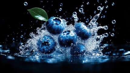 Poster - This dynamic image illustrates blueberries splashing into clear water, capturing the essence of freshness and vitality, symbolizing enjoyment and the pleasures of eating healthy.
