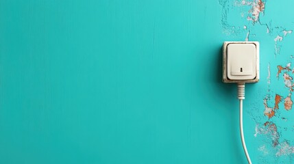 Poster - An unembellished wall socket and cord are showcased against a textured turquoise wall, blending simplicity and minimalism in a very striking composition.