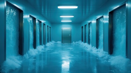 Poster - This eerie image displays a submerged hallway bathed in blue light, evoking feelings of curiosity and suspense, perfect for themes of mystery or futuristic concepts.