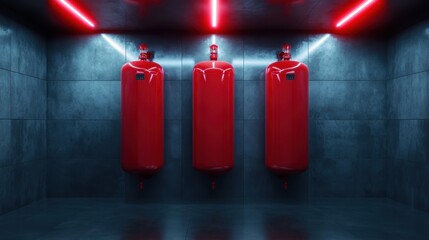 Poster - Three sleek red cylinders stand in an industrial setting with contrasting neon lighting, showcasing modern design aesthetics and intriguing depth.