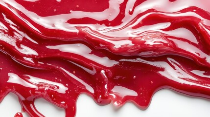 Poster - A vivid close-up of thick, glossy red liquid flowing over a white surface, creating an abstract composition that blurs the line between art and food.