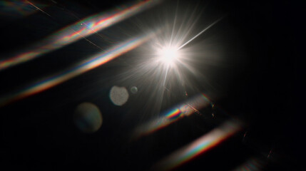 Background of Christmas red retro film overly, image with scratch, dust and light leaks. Xmas lens flare holographic effect background.Glowing glotter bokeh winter holidys aesthetic