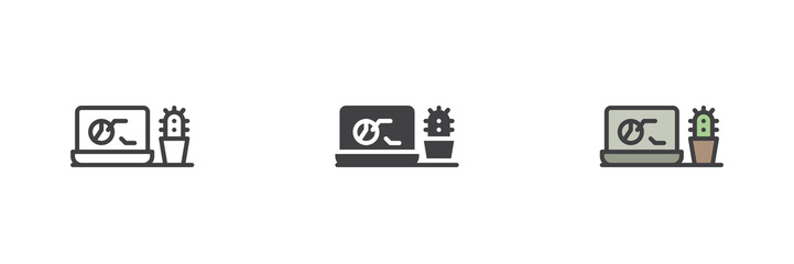 Aufkleber - Laptop and cactus on desk icon set in line, solid and filled outline style