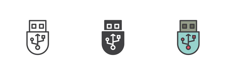 Aufkleber - USB flash drive icon set in line, solid and filled outline style