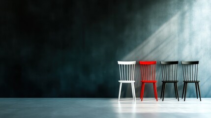 Poster - A striking arrangement of red, white, and black chairs against a textured wall, embodying contemporary design and minimalist aesthetics in a modern setting.