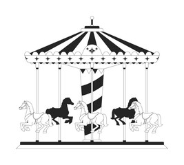 Fototapete - Vintage carousel with spinning horses 2D line object. Striped canopy nostalgic merry go-round. Classic fair entertainment ride isolated clipart vector ink outline item. Monochrome spot illustration