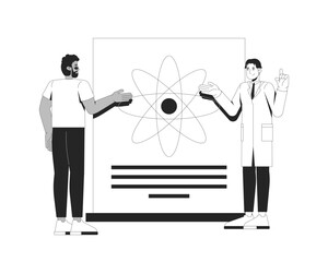 Fototapete - Asian male scientist explaining to black man attendee atom poster 2D line characters. Scientific presentation with atomic structure isolated vector ink outline people. Monochromatic spot illustration