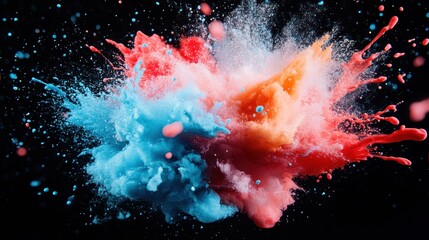 Poster - A vibrant explosion of blue and orange powder creates a dynamic visual on a black background, showcasing the beauty of color and motion in creative photography.