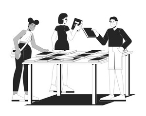 Poster - Diverse bookstore visitors browsing books on display table 2D line characters. Bookshop students selecting novels on bookfair isolated vector ink outline people. Monochromatic spot illustration