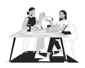 Poster - Diverse girls friends enjoying tacos and drinks at wooden table 2D line characters. Friendly mealtime outdoors. Girlfriends lunch isolated vector ink outline people. Monochromatic spot illustration