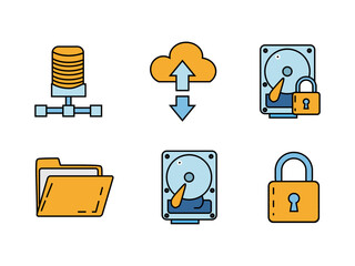 Poster - A set of colorful icons depicting data management: database, cloud upload/download, secured hard drive, folder, and padlock. Perfect for IT, data security, and cloud computing themes.