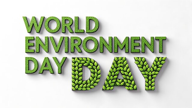 World environment day text art with green leaves isolated on white background