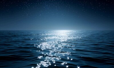 Wall Mural - waves sparkling under moonlight, gentle night ocean, starry sky reflected in the water. generative ai