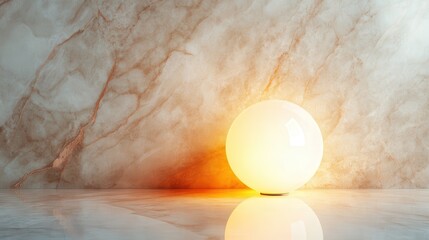 Poster - An illuminated sphere resting on a smooth marble surface, creating a captivating visual contrast between light and texture, ideal for modern design or artistic photography.