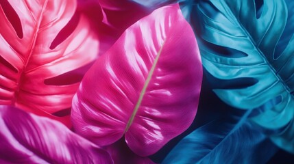 Poster - An eye-catching arrangement of vibrant monstera leaves in shades of pink and blue creates a striking visual perfect for tropical themes and artistic concepts.