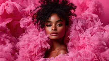 Poster - A striking portrait of a young woman amidst layers of vibrant pink textiles, capturing elegance and beauty with a playful touch, symbolizing femininity and creativity in art.