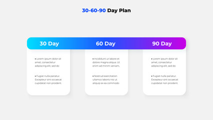 Poster - Colorful and sleek 30-60-90 day plan infographic, perfect for project planning, goal setting, and business presentations. Organized timeline with bullet points for concise and effective communication