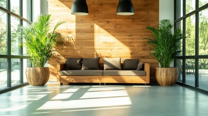 Poster - An elegant and fresh interior space features a cozy wooden couch, greenery, and sunlight streaming through large windows, creating a serene and inviting atmosphere.