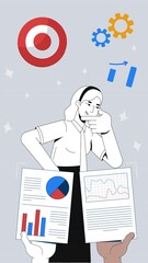 Poster - KPI performance evaluation 2D vertical animation. Data analysis. Strategic choice. Woman business analyst making decision animated character cartoon flat concept metaphor 4K video stop motion
