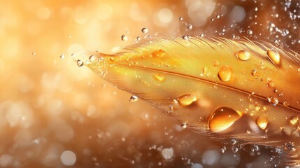 Poster - A stunning close-up of a golden feather adorned with sparkling water droplets, set against a warm bokeh background creating a captivating visual experience.