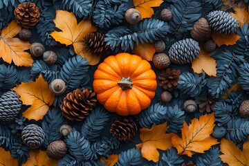 Wall Mural - Autumn Harvest Display with Pumpkin, Leaves, and Pinecones - Fall Decor Inspiration