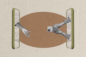 Aufkleber - Pop image collage of two gadget screen with different objects on brown color background