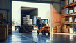 © abu - Bright warehouse with semi truck and forklift loading boxes, warm and efficient scene.