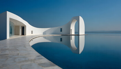 Poster - Minimalistic architecture with smooth white curves reflected on a calm body of water under a blue sky