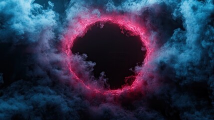 Poster - A captivating image showcasing a neon circle surrounded by dark clouds, symbolizing mystery and the fusion of reality and imagination in an abstract art form.
