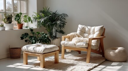 Poster - A bright, cozy living room featuring a light-colored chair, an ottoman, and various plants, showcasing a harmonious blend of comfort and nature in an inviting atmosphere.