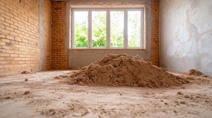 Poster - An empty room with a mound of sand on the floor and large windows allowing natural light, symbolizing potential, waiting for renovation and creative transformation.