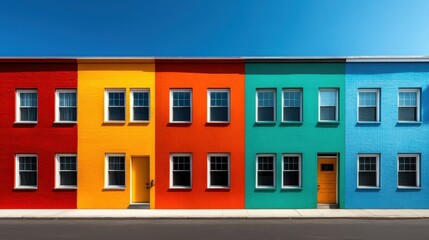 Poster - A striking display of residential buildings painted in bright colors, showcasing a lively street scene that evokes feelings of joy and vibrancy in urban architecture.