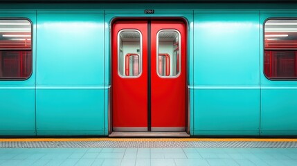 Poster - A striking view of a subway train entrance showcasing a vivid turquoise and red color scheme, capturing the essence of urban transportation and city life.