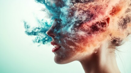 Poster - This captivating image showcases a profile of a woman surrounded by colorful, cloud-like swirls, representing creativity, emotions, and the fusion of human and artistic expression.