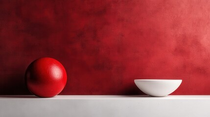Poster - A striking visual featuring a minimalistic red sphere and a white bowl against a textured red wall, emphasizing simplicity and modern art in a striking manner.