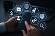 © Zone - Mobile phone with business strategy icons displayed.