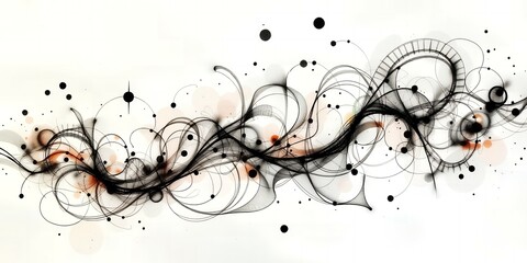 Poster - Abstract black swirls and circles on a white background with red and orange accents
