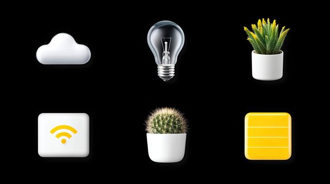 White and Yellow Digital Icons Set: Cloud, Lightbulb, Plants, Wifi