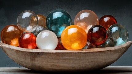 Poster - A collection of beautifully tinted glass marbles sits gracefully in a rustic wooden bowl, highlighting their transparency and the play of light and color.