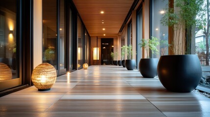 Poster - A sophisticated corridor featuring stylish lighting fixtures and fresh greenery, creating a calming and inviting atmosphere in a contemporary architectural space.