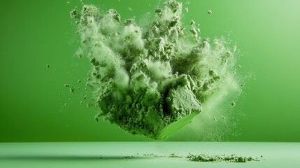 Poster - An explosive burst of green powder creates a dynamic visual impact, showcasing motion and color in an abstract artistic representation of energy and vibrancy.