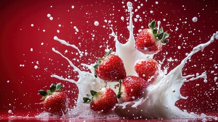 Poster - A stunning composition featuring vibrant strawberries splashing into creamy milk, highlighting a delightful contrast between the fruits and liquid backdrop.