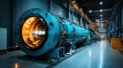 Poster - A striking view of a large industrial turbine in a high-tech facility, showcasing advanced engineering and technology in a factory environment with bright illumination.