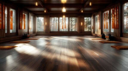 Poster - A tranquil zen-inspired wooden room bathed in soft light, perfect for meditation or yoga. The warm tones and peaceful ambiance invite relaxation and mindfulness.