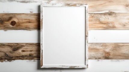 Poster - An empty wooden frame sits against a weathered wood background, perfect for displaying art or photos. The rustic look adds warmth to any interior space or décor project.